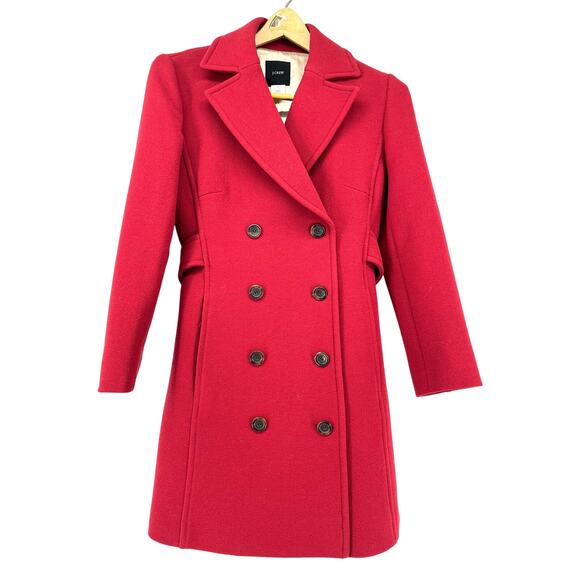 J. Crew Women's 2 Red Wool Double Breasted Lady Day Pea Winter Mid Length Coat - Picture 1 of 9